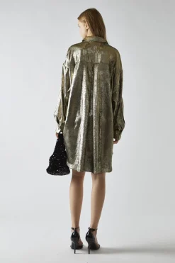 Glamorous Day Dresses|Party Dresses|Black-Gold Metallic Hi-Low Shirt-Dress -