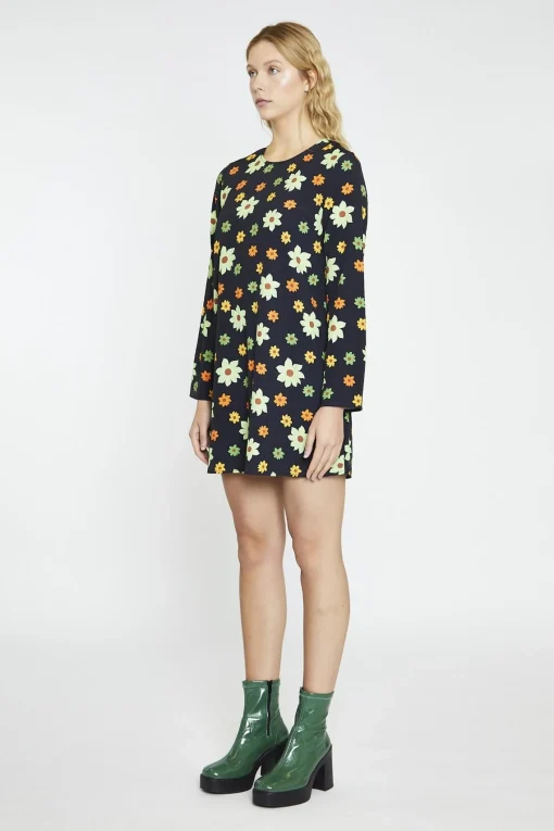 Glamorous Mini Dresses|Mini Dresses|Black-Green-Flower Long-Sleeve Mini-dress -