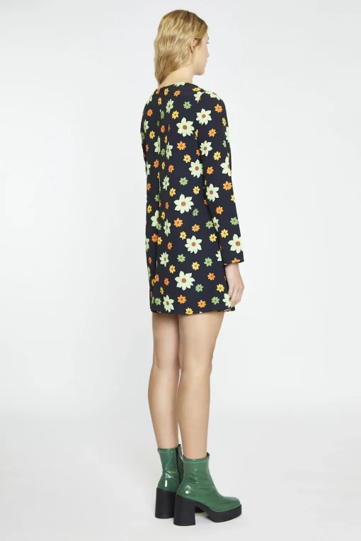 Glamorous Mini Dresses|Mini Dresses|Black-Green-Flower Long-Sleeve Mini-dress -