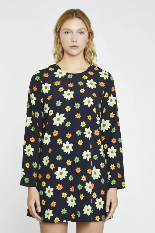 Glamorous Mini Dresses|Mini Dresses|Black-Green-Flower Long-Sleeve Mini-dress -