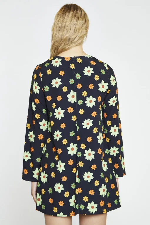 Glamorous Mini Dresses|Mini Dresses|Black-Green-Flower Long-Sleeve Mini-dress -