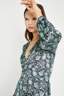 Glamorous Day Dresses|Satin Dresses|Black-Mint Paisley Satin Long Sleeve Tea Mini-Dress -