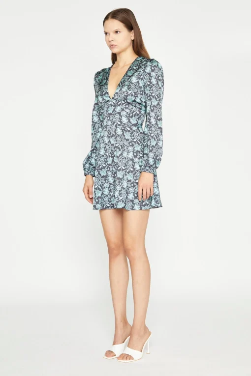 Glamorous Day Dresses|Satin Dresses|Black-Mint Paisley Satin Long Sleeve Tea Mini-Dress -