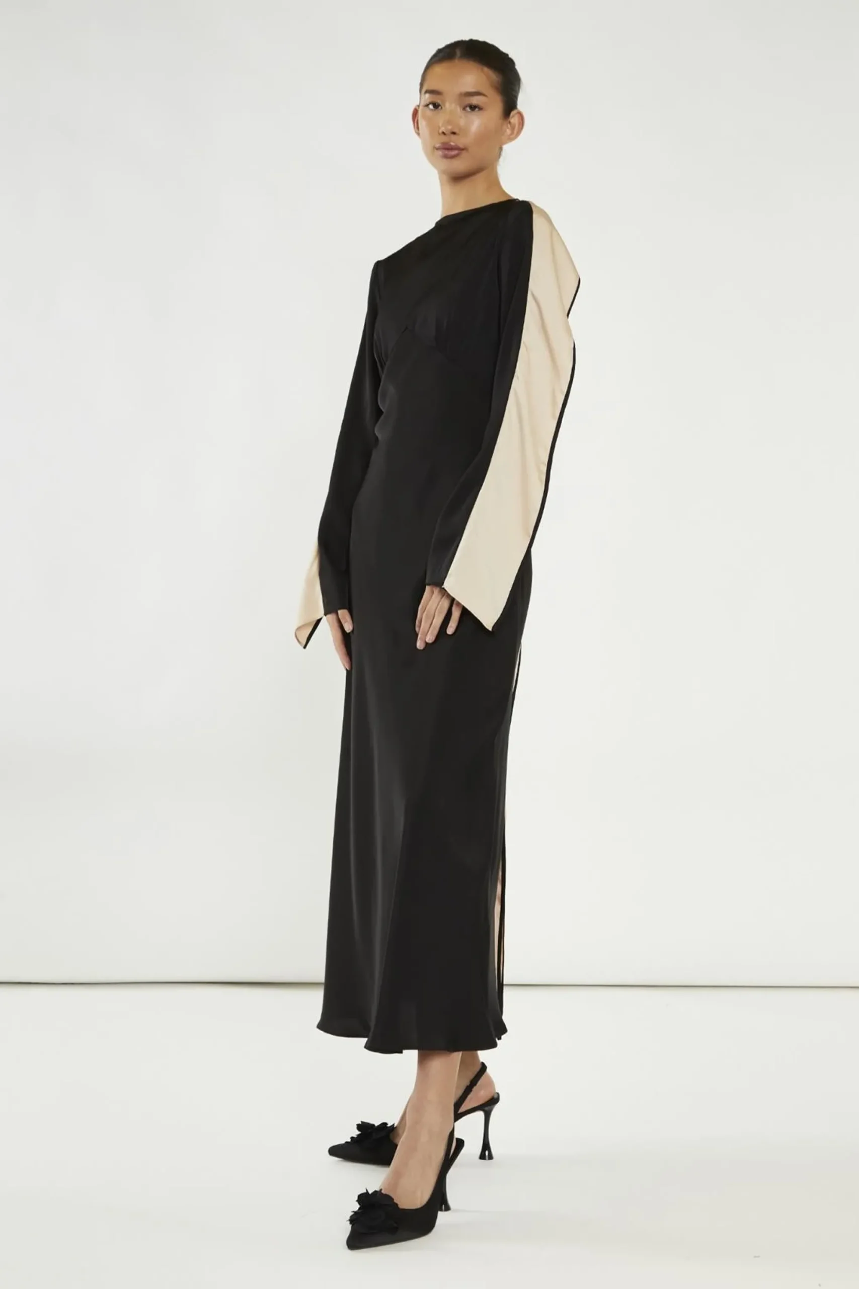 Glamorous Day Dresses|Party Dresses|Black-Nude Waterfall Ruffle Maxi-Dress -