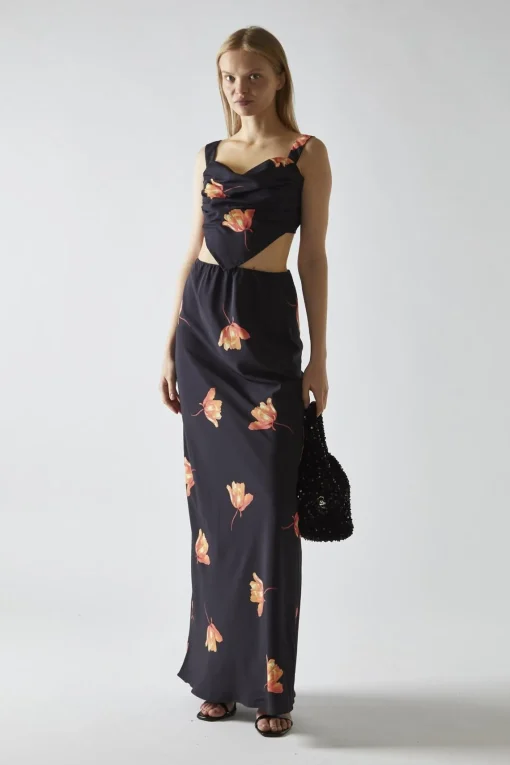 Glamorous Going Out Skirts|Co-ords|Black-Orange Flower Bias-Cut Maxi-Skirt -