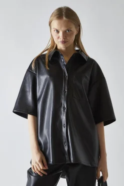 Glamorous Co-ords|Blouses & Shirts|Black-PU Boxy Oversized-Shirt -