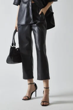 Glamorous Co-ords|Black-PU Straight-Fit Crop-Trousers -