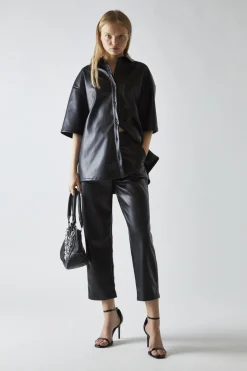Glamorous Co-ords|Black-PU Straight-Fit Crop-Trousers -
