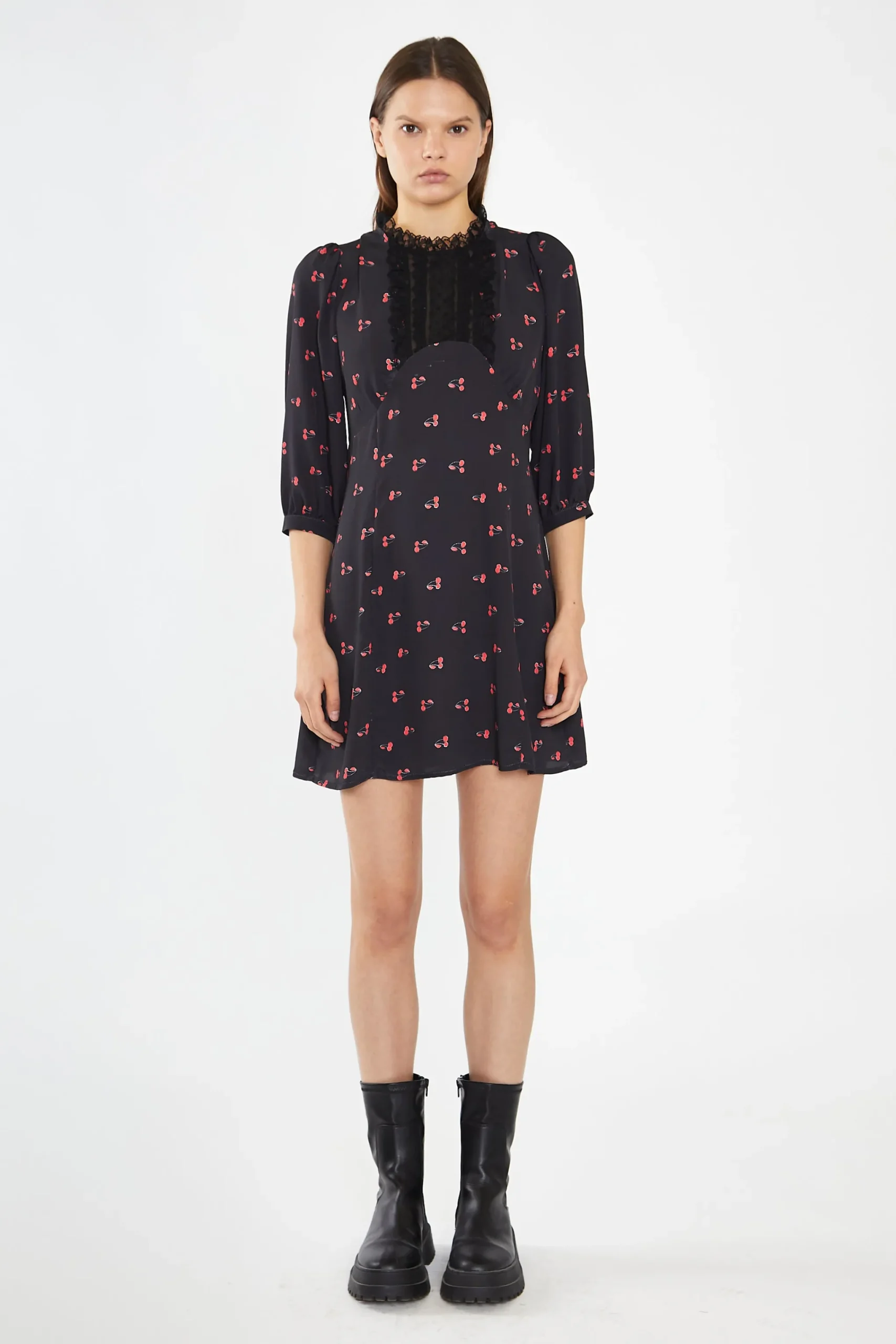 Glamorous Day Dresses|Mini Dresses|Black-Red Cherry Fruit High Neck Mini-Dress -