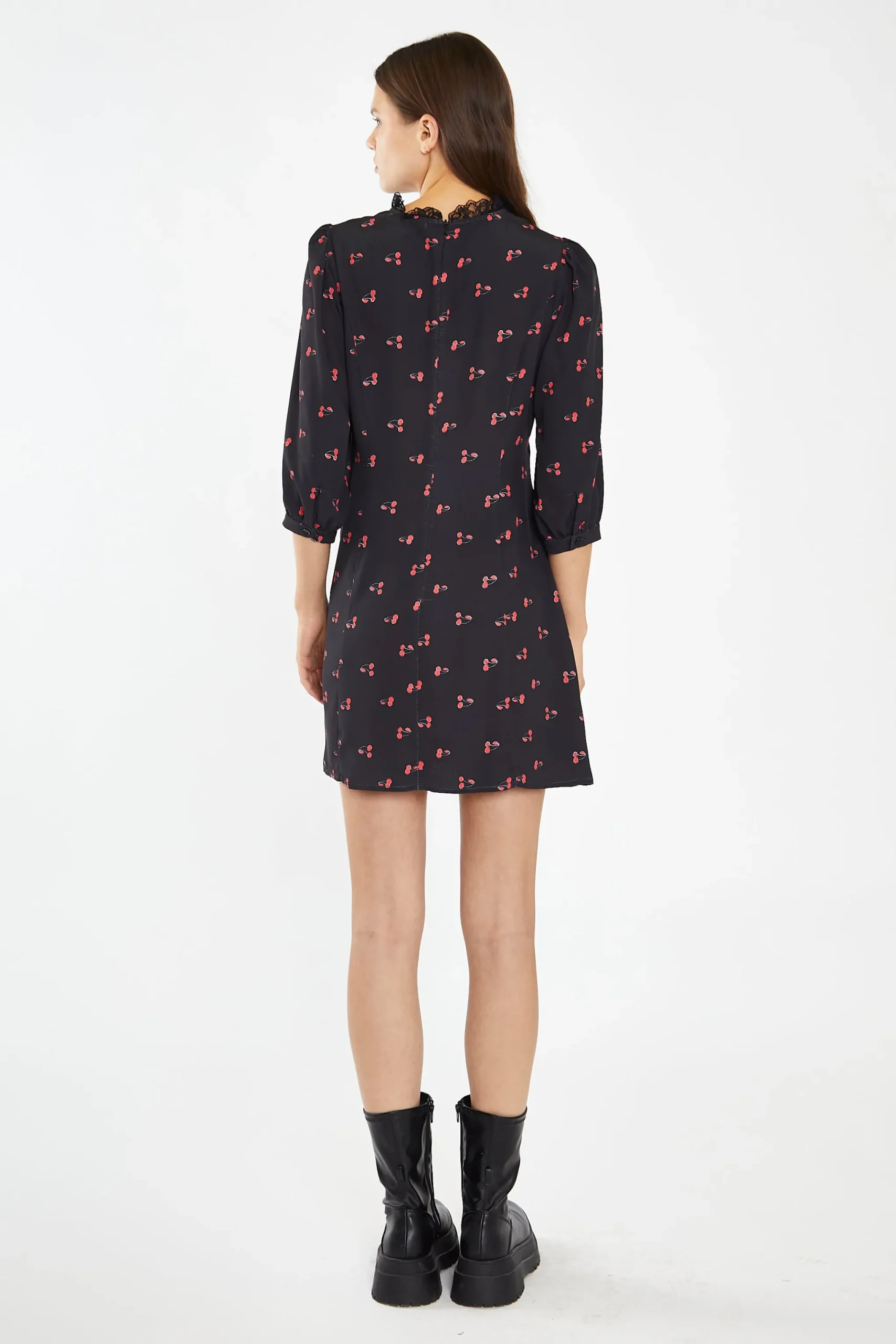 Glamorous Day Dresses|Mini Dresses|Black-Red Cherry Fruit High Neck Mini-Dress -