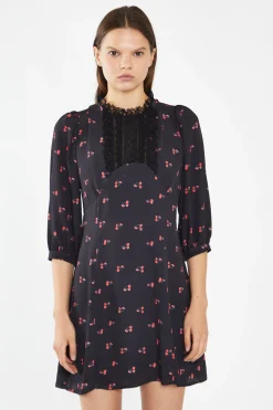 Glamorous Day Dresses|Mini Dresses|Black-Red Cherry Fruit High Neck Mini-Dress -