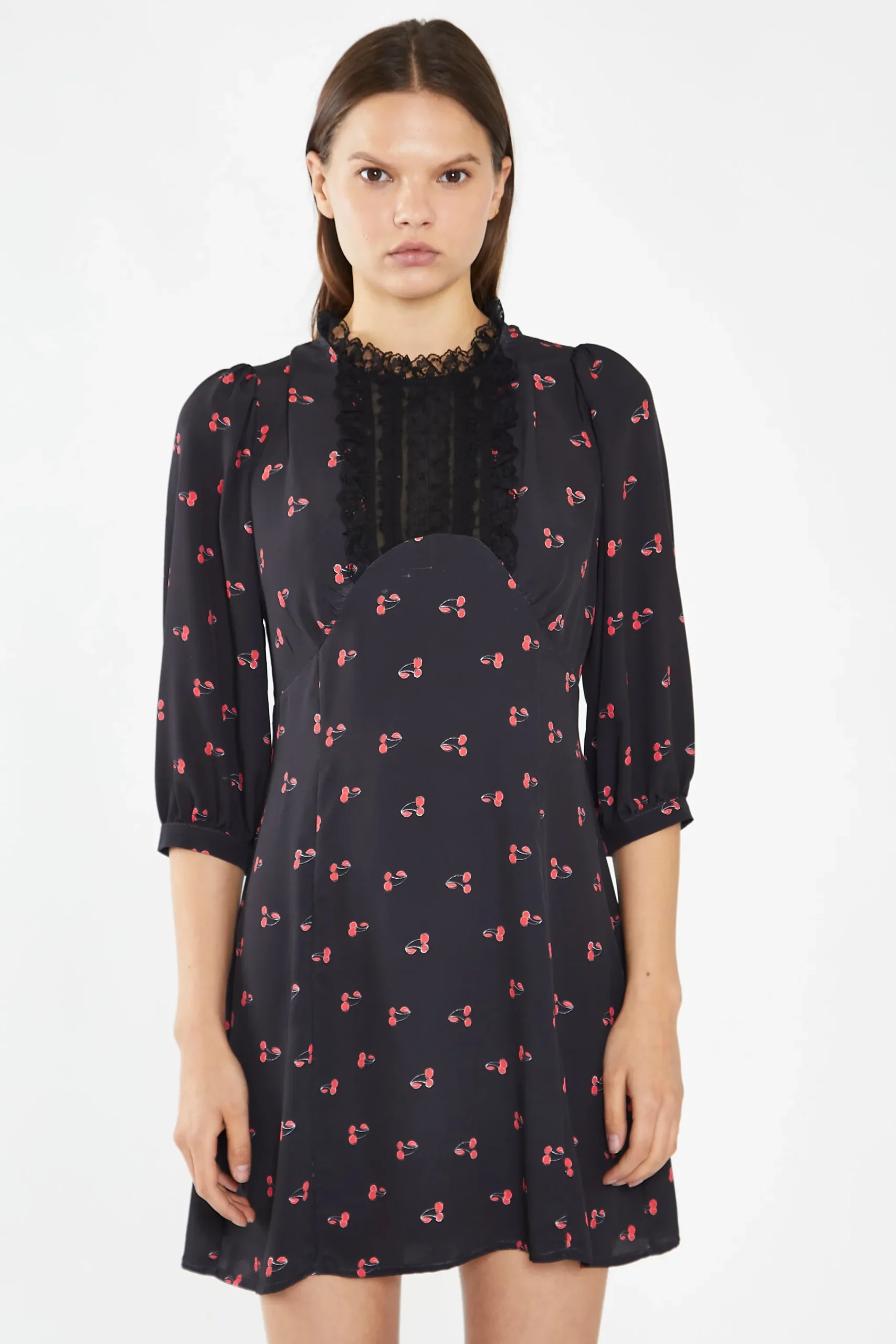 Glamorous Day Dresses|Mini Dresses|Black-Red Cherry Fruit High Neck Mini-Dress -