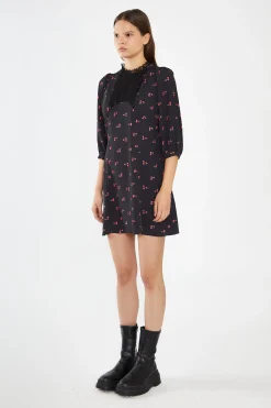 Glamorous Day Dresses|Mini Dresses|Black-Red Cherry Fruit High Neck Mini-Dress -