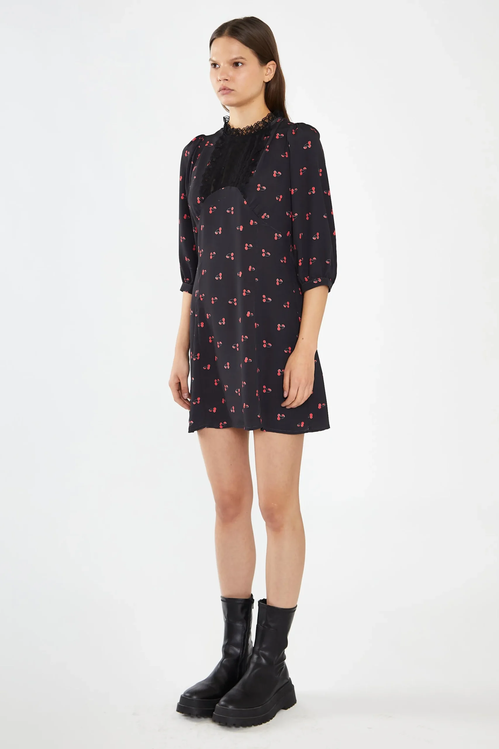 Glamorous Day Dresses|Mini Dresses|Black-Red Cherry Fruit High Neck Mini-Dress -