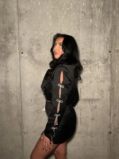 Glamorous Blazers|Black-Satin Diamante Bow Crop-Blazer -