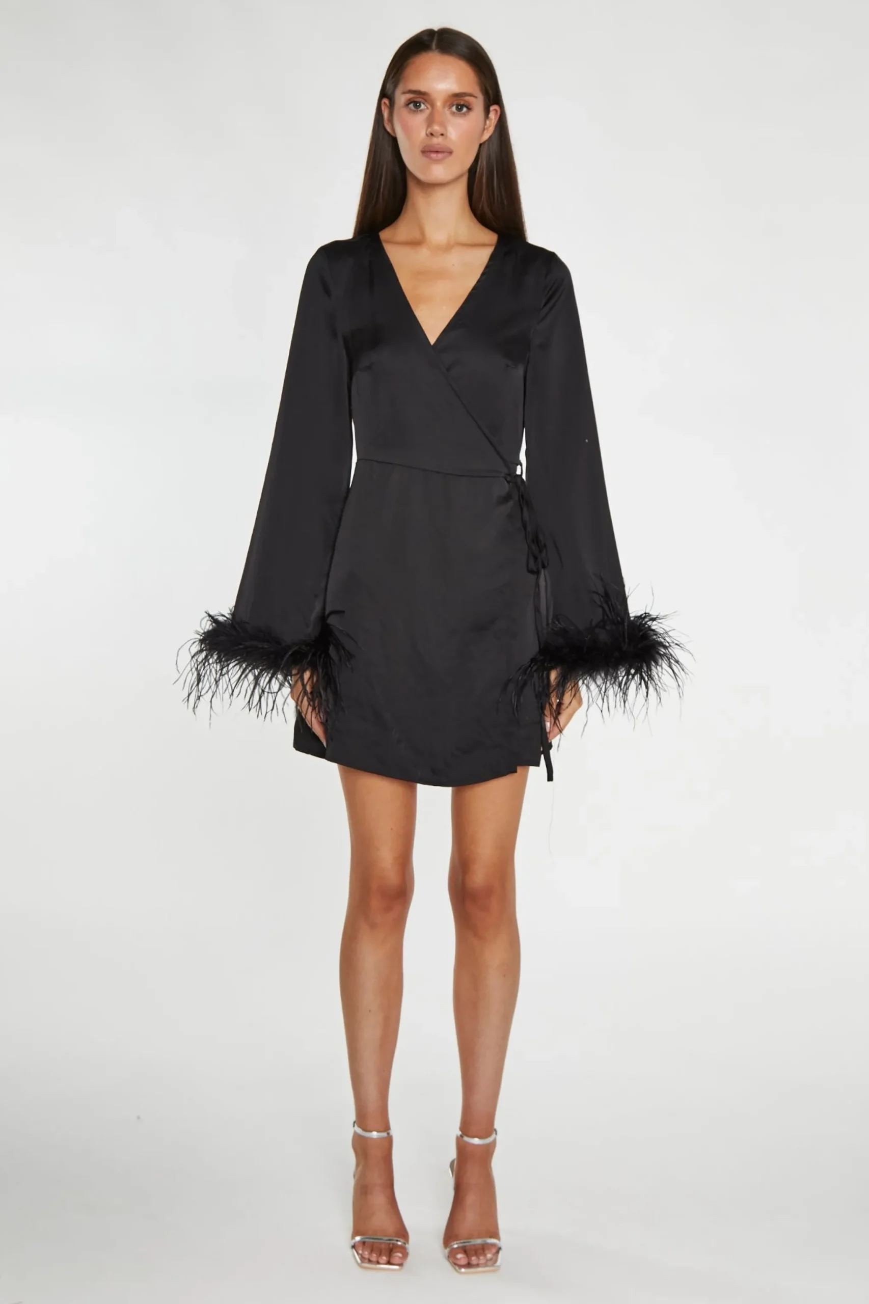 Glamorous Graduation|Go To Partywear|Black-Satin Feather Trim Wrap Mini-Dress -