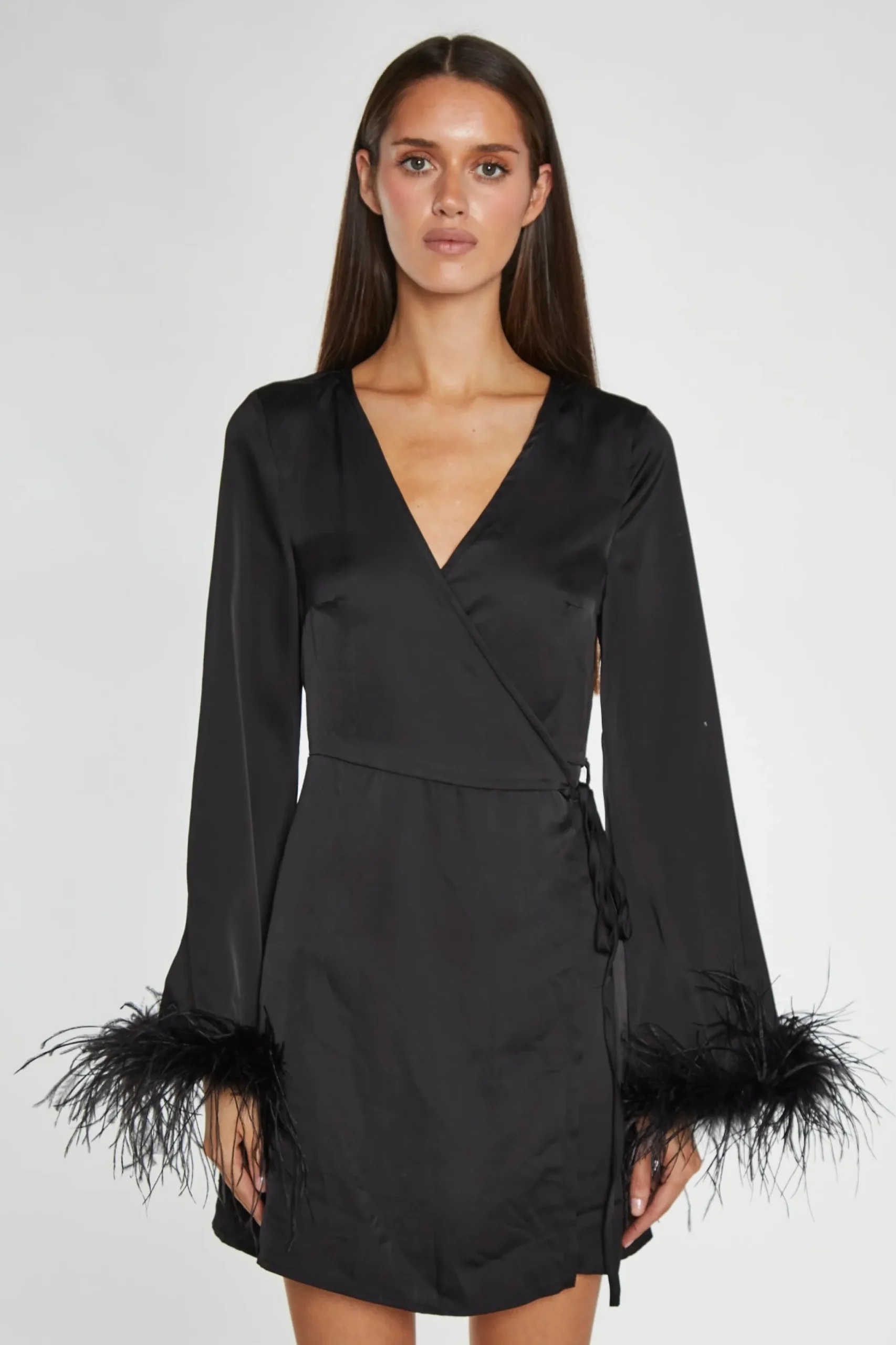 Glamorous Graduation|Go To Partywear|Black-Satin Feather Trim Wrap Mini-Dress -