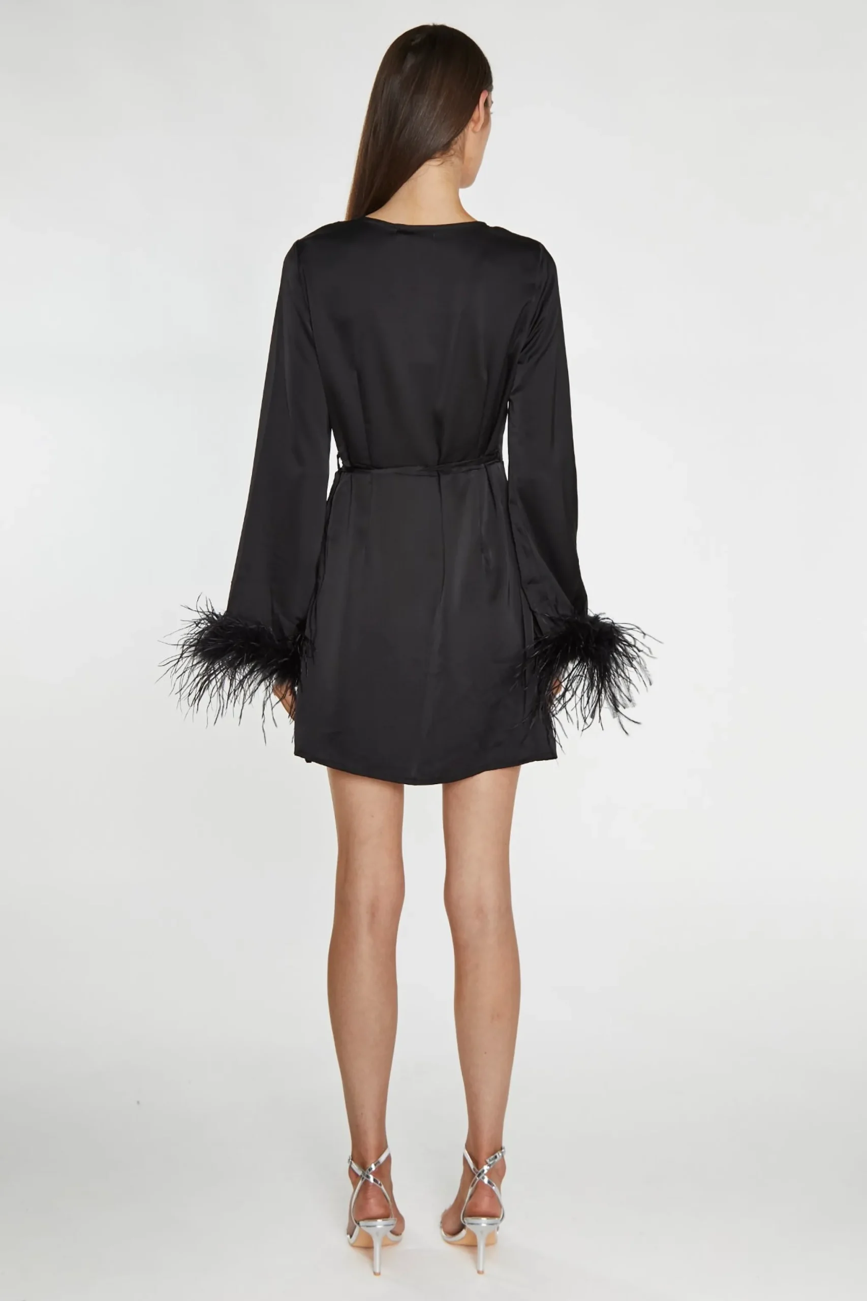 Glamorous Graduation|Go To Partywear|Black-Satin Feather Trim Wrap Mini-Dress -