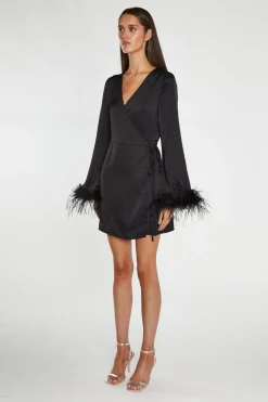 Glamorous Graduation|Go To Partywear|Black-Satin Feather Trim Wrap Mini-Dress -
