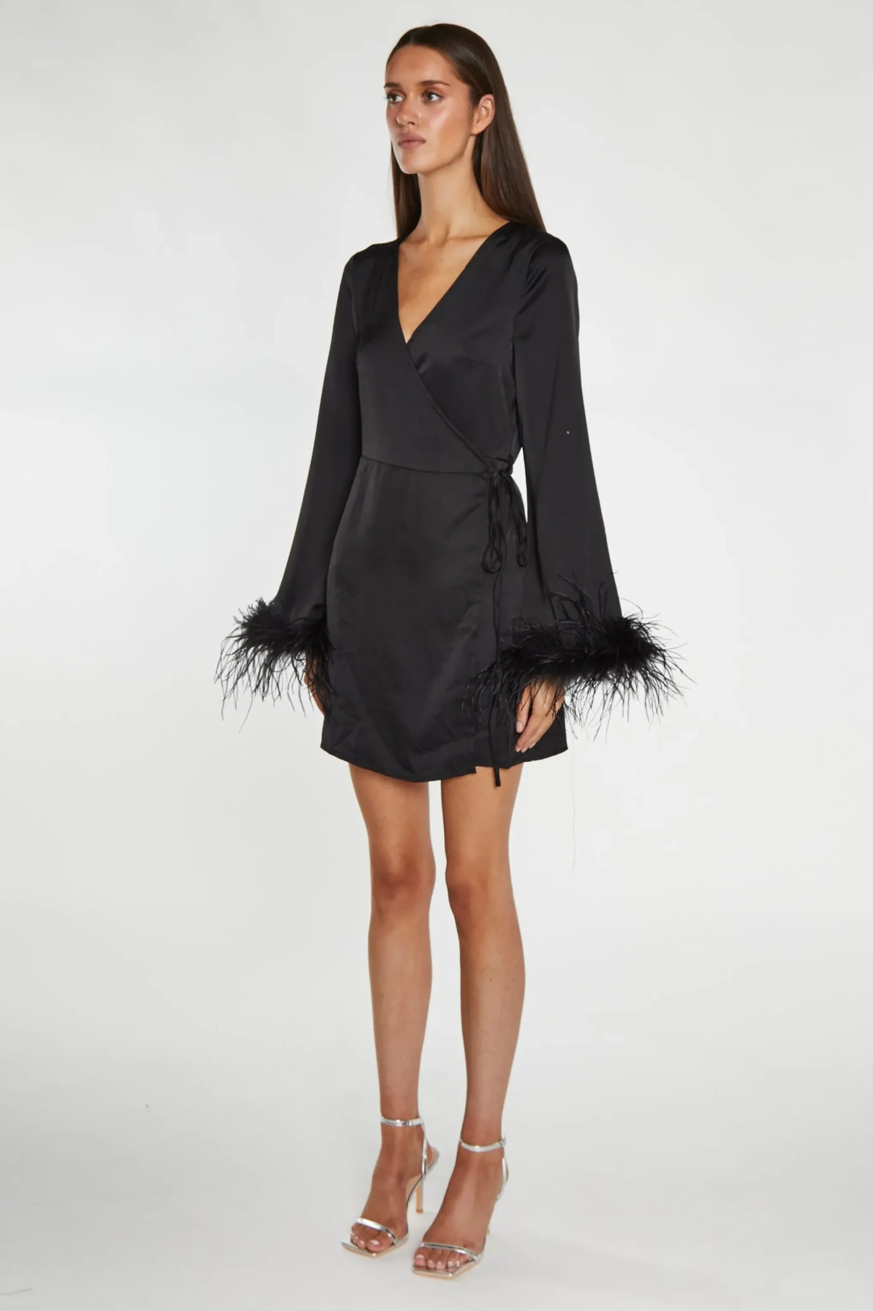 Glamorous Graduation|Go To Partywear|Black-Satin Feather Trim Wrap Mini-Dress -