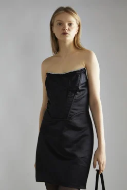 Glamorous Party Dresses|Going Out Dresses|Black-Satin Rhinestone-Trim Mini-Dress -