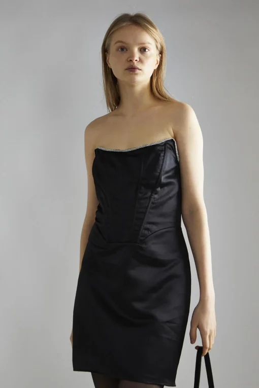Glamorous Party Dresses|Going Out Dresses|Black-Satin Rhinestone-Trim Mini-Dress -