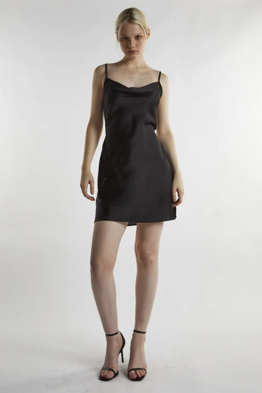 Glamorous Day Dresses|Party Dresses|Black-Satin Tie-Back Mini-Dress -