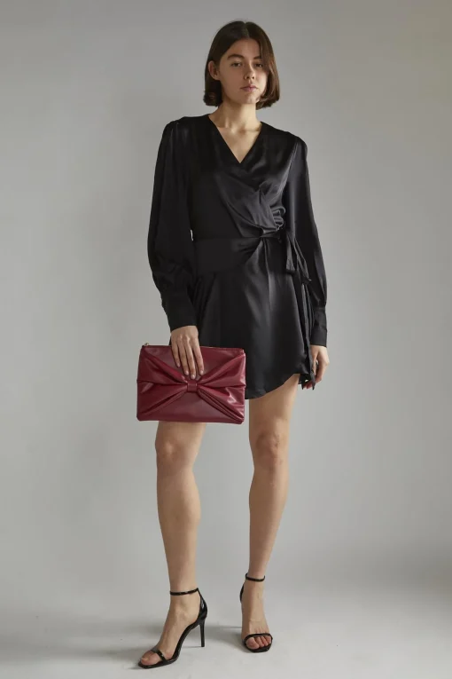 Glamorous Graduation|Satin Dresses|Black-Satin Wrap Mini-Dress -