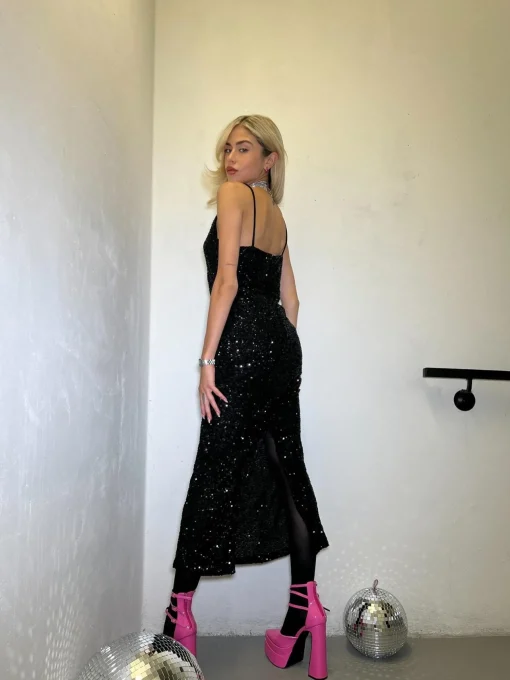 Glamorous Go To Partywear|Party Dresses|Black-Sequin Strappy Bodycon Midaxi-Dress -