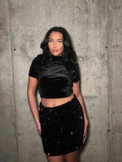 Glamorous Mini Skirts|Black-Sequin Velvet Mini Skirt -