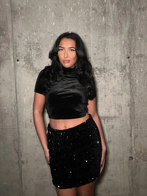 Glamorous Mini Skirts|Black-Sequin Velvet Mini Skirt -