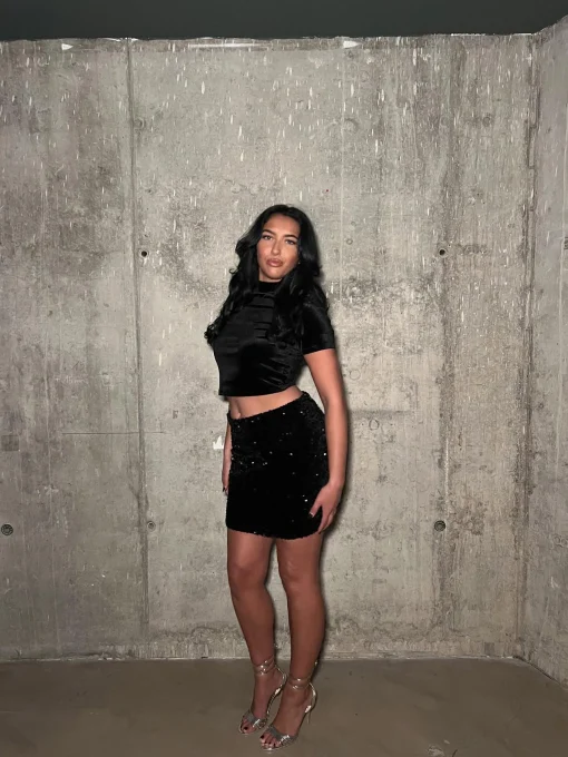 Glamorous Mini Skirts|Black-Sequin Velvet Mini Skirt -
