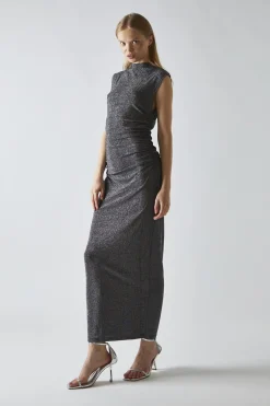 Glamorous Party Dresses|Going Out Dresses|Black-Silver Glitter Ruched Midaxi-Dress -