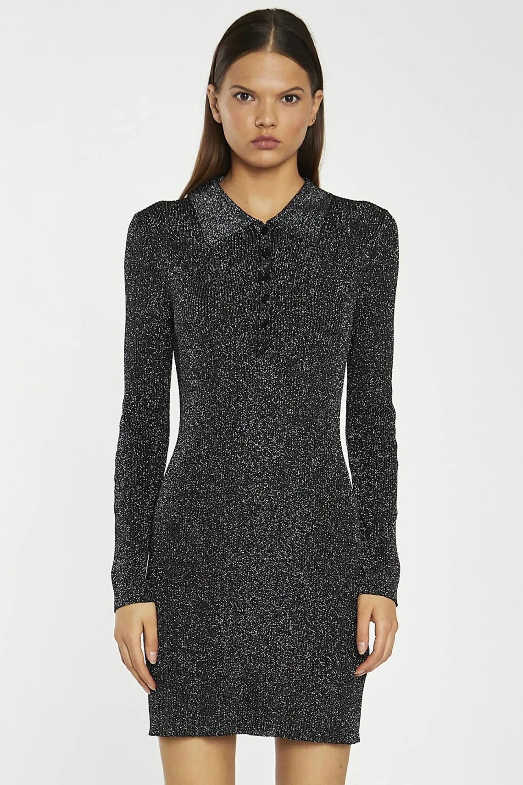 Glamorous Workwear|Day Dresses|Black-Silver Rib Button-Up Collar Mini-Dress -