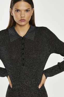 Glamorous Workwear|Day Dresses|Black-Silver Rib Button-Up Collar Mini-Dress -