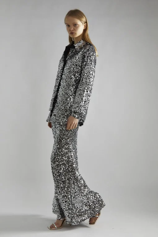 Glamorous Going Out Skirts|Glamorous Studio|Black-Silver Sequin Bias-Cut Maxi-Skirt -
