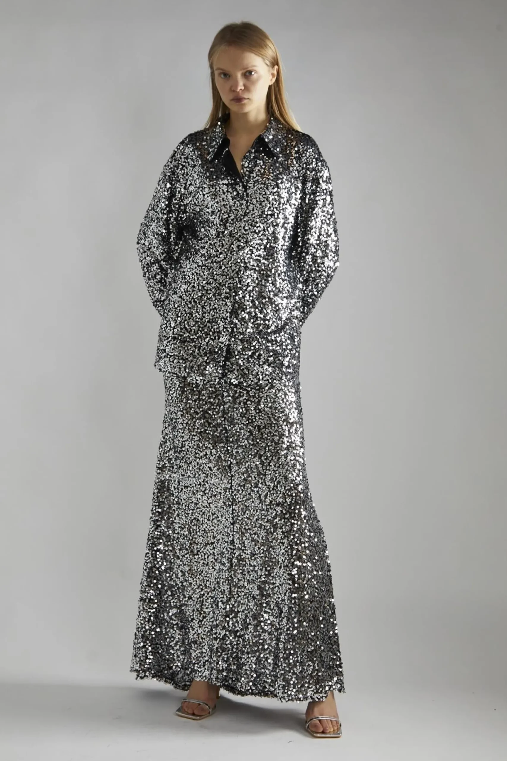 Glamorous Going Out Tops|Glamorous Studio|Black-Silver Sequin Loose-Fit Shirt -