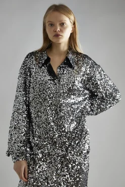 Glamorous Going Out Tops|Glamorous Studio|Black-Silver Sequin Loose-Fit Shirt -