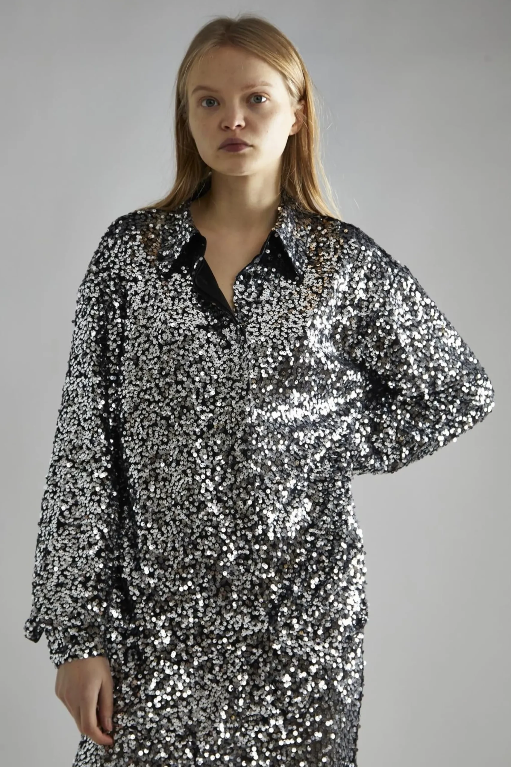 Glamorous Going Out Tops|Glamorous Studio|Black-Silver Sequin Loose-Fit Shirt -