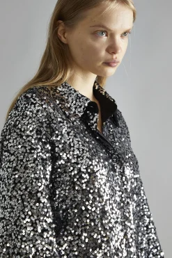 Glamorous Going Out Tops|Glamorous Studio|Black-Silver Sequin Loose-Fit Shirt -