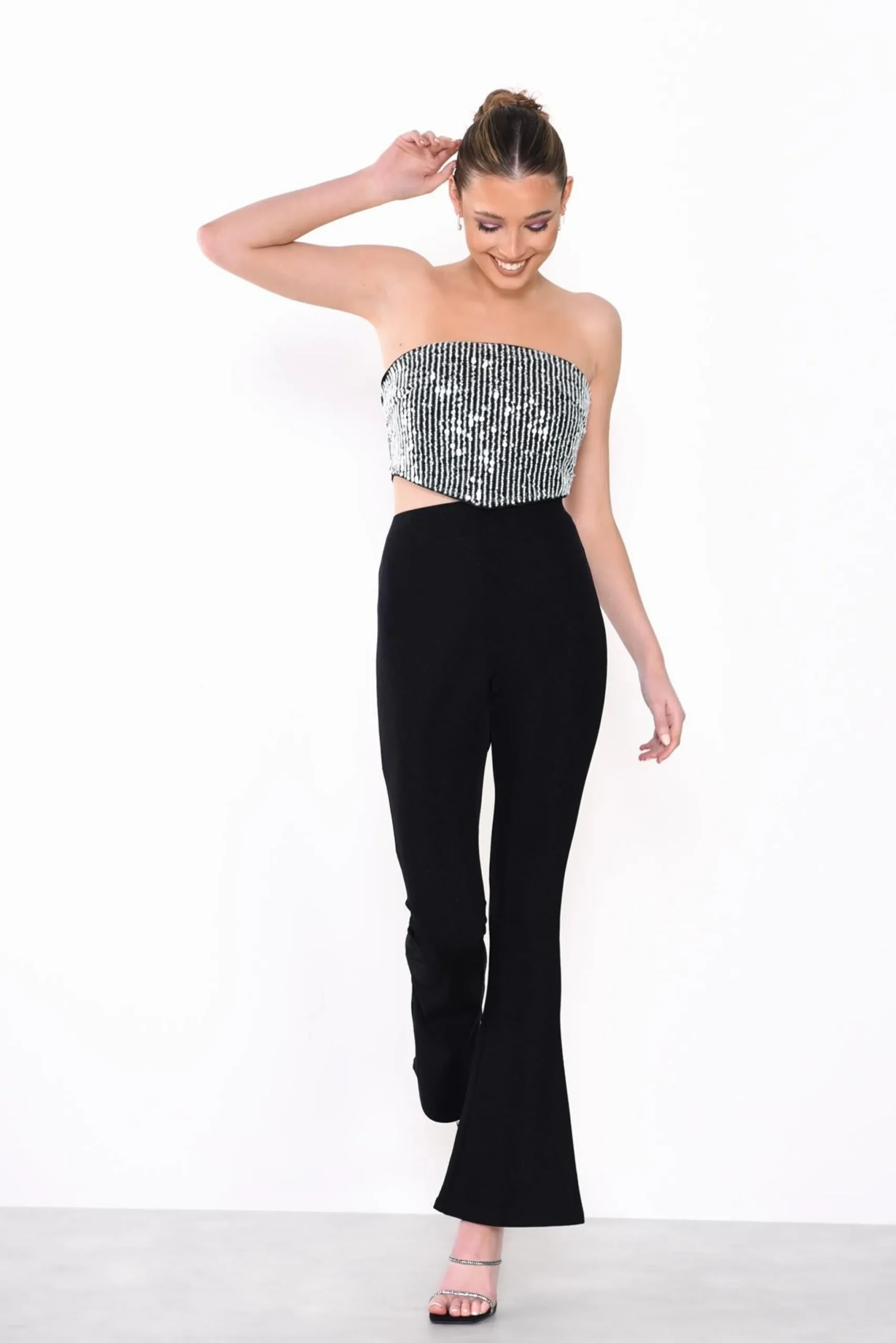 Glamorous Going Out Tops|Crops, Corsets & Bodysuits|Black-White Sequin Strapless Corset-Top -