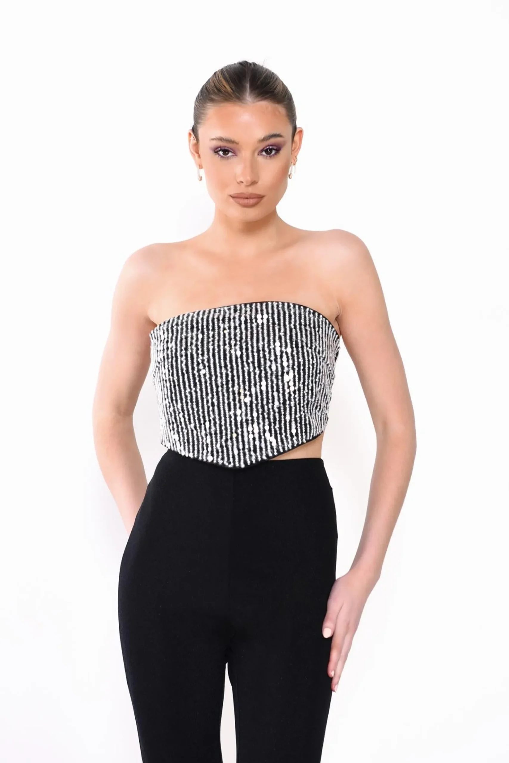 Glamorous Going Out Tops|Crops, Corsets & Bodysuits|Black-White Sequin Strapless Corset-Top -
