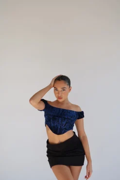 Glamorous Best Dressed Guest|Going Out Tops|Blue Floral-Devore Milkmaid Corset Top -