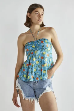 Glamorous Blouses & Shirts|Blue Lemon-Print Halter-Neck Top -