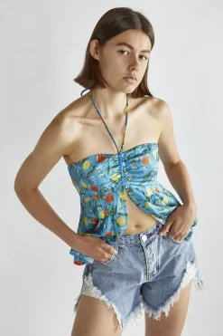 Glamorous Blouses & Shirts|Blue Lemon-Print Halter-Neck Top -