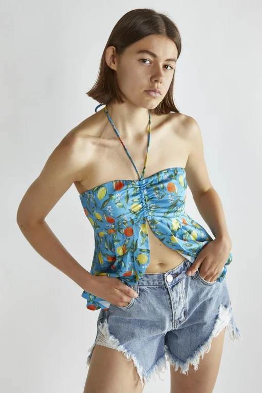 Glamorous Blouses & Shirts|Blue Lemon-Print Halter-Neck Top -