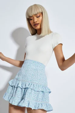 Glamorous Mini Skirts|Blue Mini Vintage Rose Ruffle Mini Skirt -