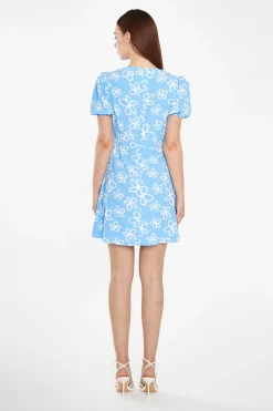 Glamorous Best Dressed Guest|Chic Escapes|Blue Scribble-Daisy Lace-Up Front Mini-Dress -