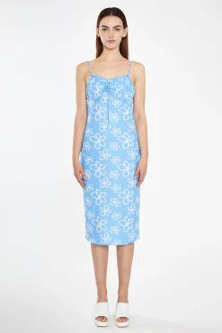Glamorous Best Dressed Guest|Chic Escapes|Blue Scribble-Daisy Mesh Strappy Gathered-Bust Midi-Dress -