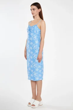 Glamorous Best Dressed Guest|Chic Escapes|Blue Scribble-Daisy Mesh Strappy Gathered-Bust Midi-Dress -